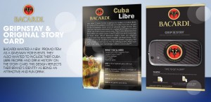 Bacardi wanted a new promotion item as a giveaway for events. They also wanted to include their Cuba Libre recipe and drink history on the story card. This design reflects their brand's identity as being an attractive and fun drink.